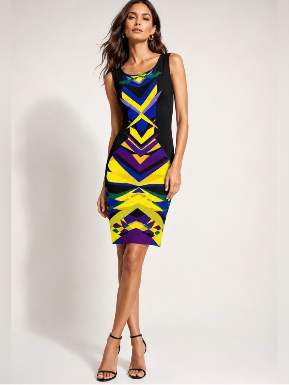BCBG Geometric Pattern Sleeveless Geo-Print Sheath Dress - Black and Neon - Sz M
